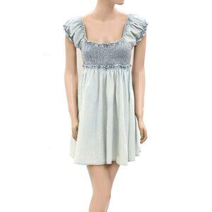 Free People Daphne Denim Mini Dress Lace-Up Smocked Cotton Tie & Dye XS 271285
